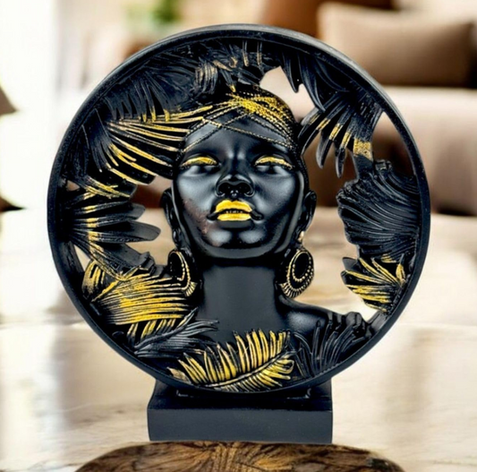 African Lady Round Halo Polyresin Showpiece 22 cm Black & Gold Palm-Leaf Circular Bust Statue Luxury Home Décor Figurine for Living Room Office Table Gift | Tabletop Decorative Showpiece
