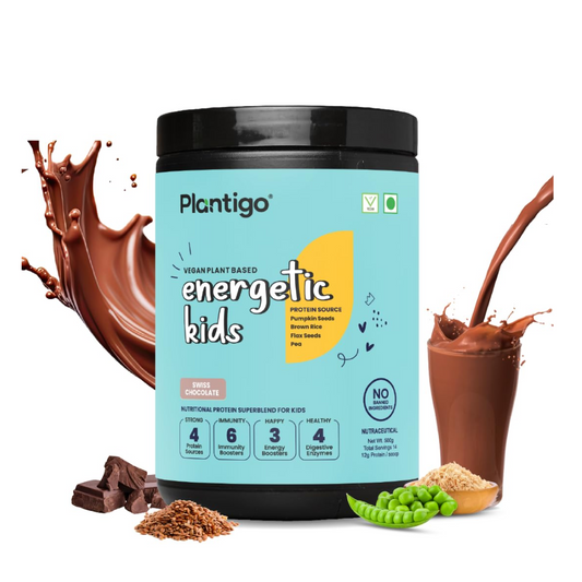 Plantigo Kids Protein 14g, 11 Vitamins, 8 Minerals, Vegan Nutrition Supplement | Muscle, Bone Growth & Brain Health | Plant Based Protein Powder for Kids 10+ years | (Swiss Chocolate Flavor - 500g)