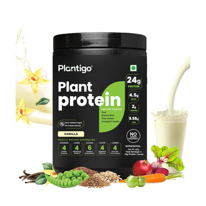 Plantigo Protein Powder 24g Plant Based Protein, 3g BCAA, 2g Leucine, 3g Fiber, 4x Fast Digestion, 95% Bioavailability, 3x Anti Oxidants, Anti Inflammatory, Vitamins, Minerals - Vanilla Flavored 500g