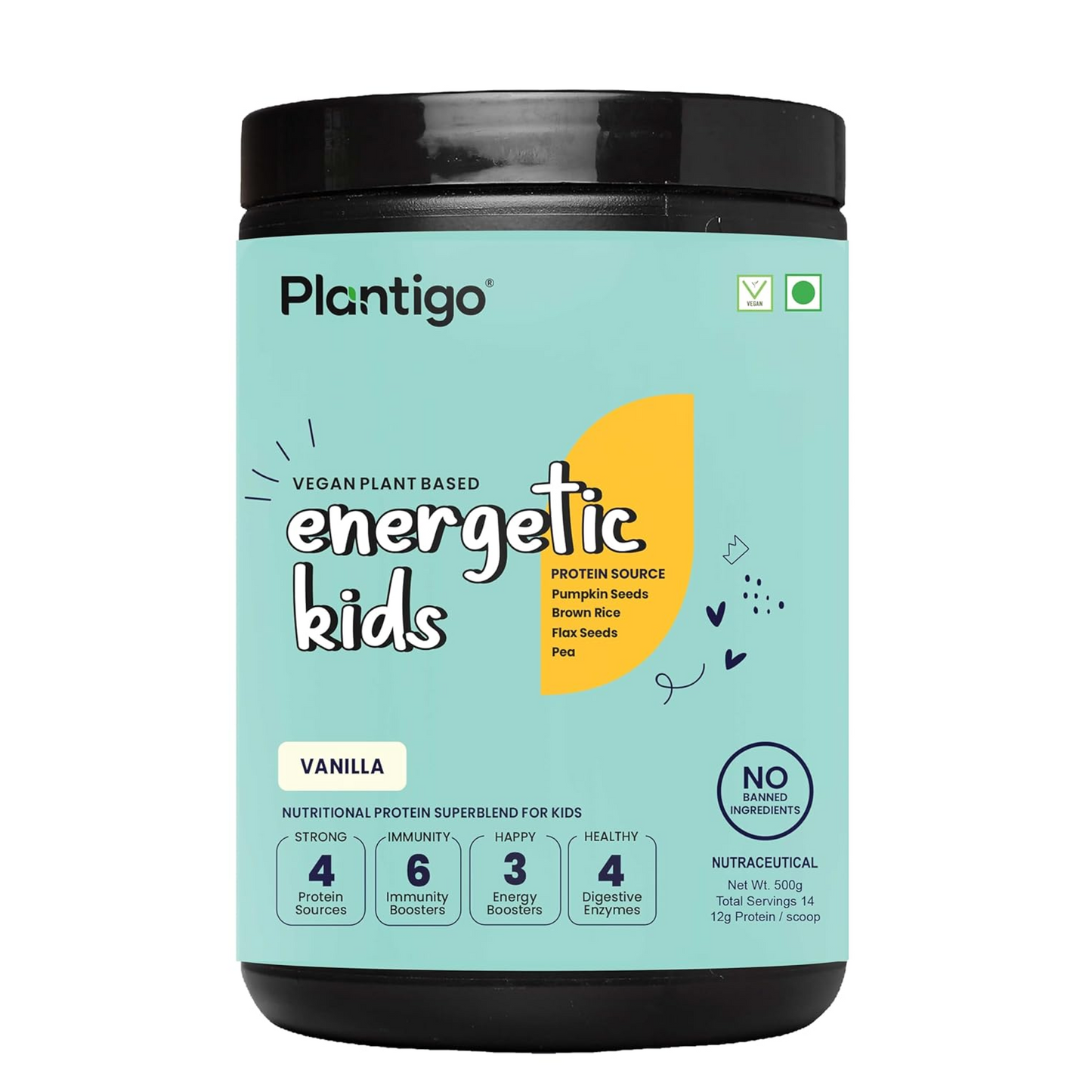 Plantigo Vanilla Flavor Health Drink for Kids, 500 Gms | Kids Protein, Growth & Brain Health Supplement | Vegan Plant Based Kids Health Drink | Protein Powder For Kids