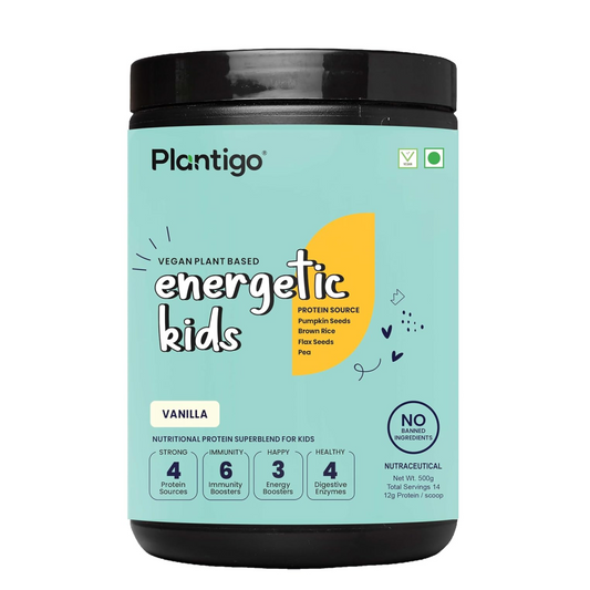 Plantigo Vanilla Flavor Health Drink for Kids, 500 Gms | Kids Protein, Growth & Brain Health Supplement | Vegan Plant Based Kids Health Drink | Protein Powder For Kids