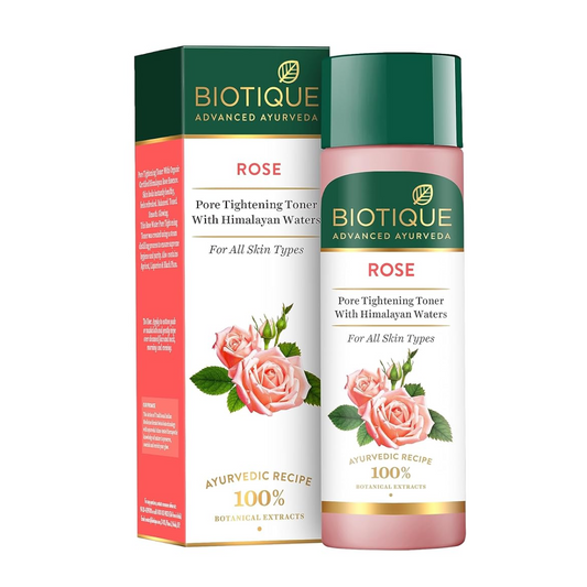 Biotique Rose Pore Tightening Toner with Himalayan Waters packaging on a white background