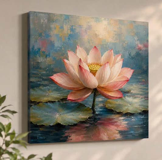 Lotus Flower Painting for Wall Vastu (15+ DESIGNS) Framed Lotus Canvas Painting for Living Room, Bedroom | Nature Floral Wall Art with Multiple Design Variations (Pink Single Lotus, 18x18 Inch, Framed)