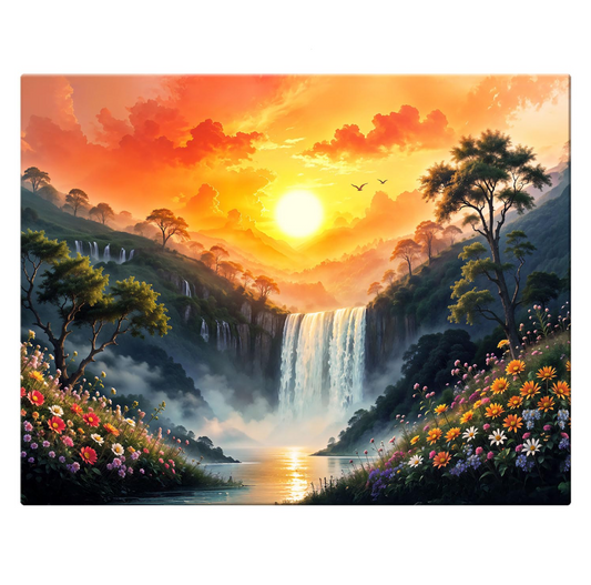 Canvas Rising Sun Painting For Vastu, Big Size Wall Art Scenery, Water Stream, Waterfall Painting Vastu, Rising Sun Wall Decor, Multicolor, Nature, 58.0 X 45.0 cm, Set of 1