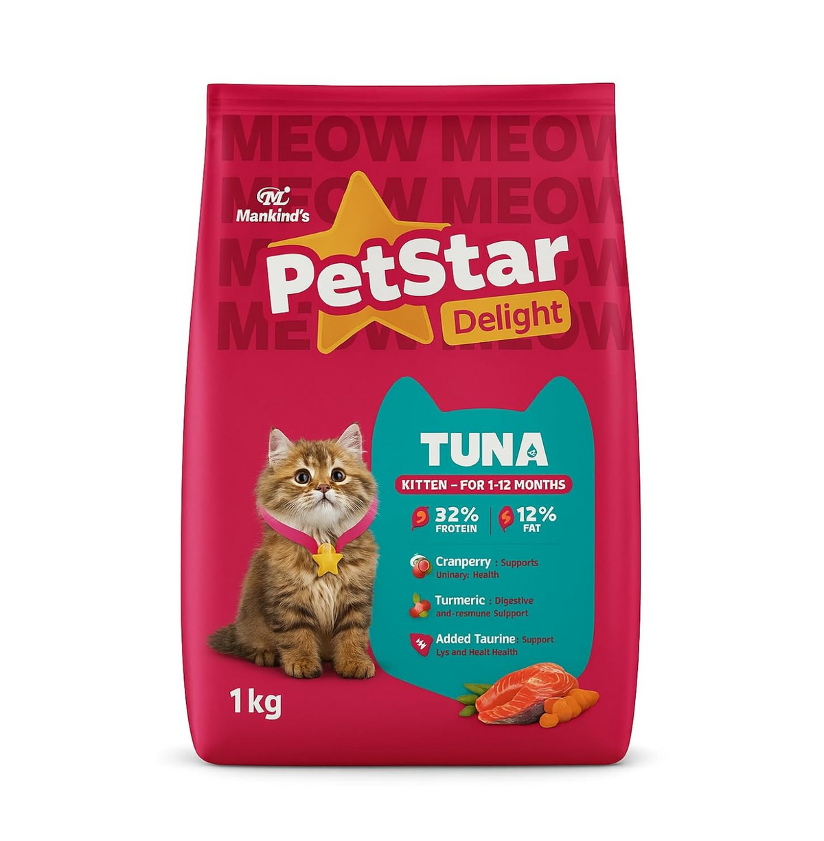Mankind PetStar Kitten Cat Food – Tuna Flavour (1 Kg) | Complete & Balanced Nutrition for Healthy Growth, Digestive & Hairball Care