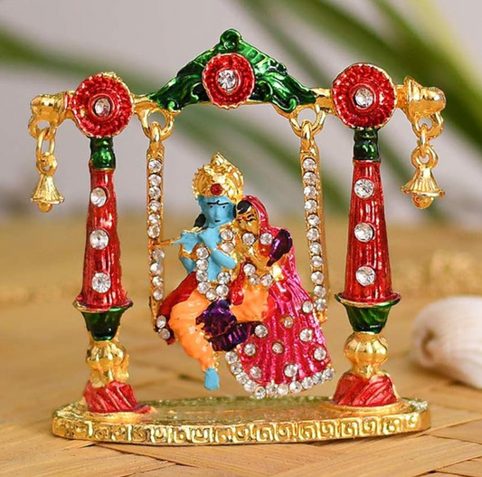 Radha Krishna Idol on Jhula Metal Statue for Car Dashboard | Mandir Pooja Murti | Temple Puja | Home Decor | Office Showpiece Diwali Gifts.