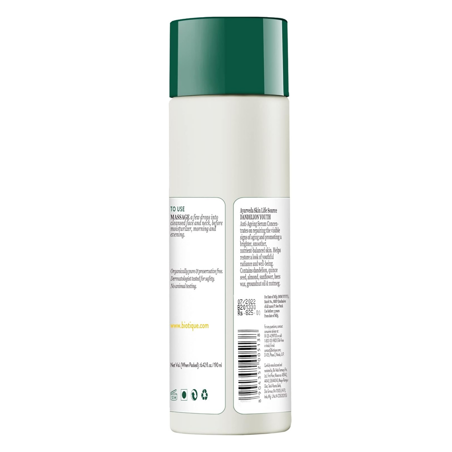Biotique Dandelion Youth Anti-Ageing Serum| Ayurvedic and Organically Pure| Anti-Ageing Serum for Men & Women| Reduces Fine Lines & Wrinkles |100% Botanical Extracts| All Skin Types | 190ml