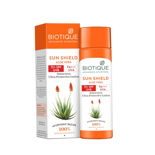 Biotique Sun Shield Aloe Vera sunscreen lotion and packaging on a white background