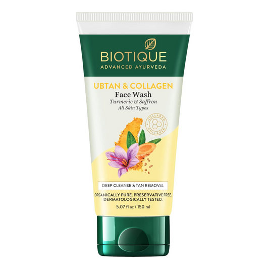 Biotique Ubtan & Collagen Face Wash tube on a white background
