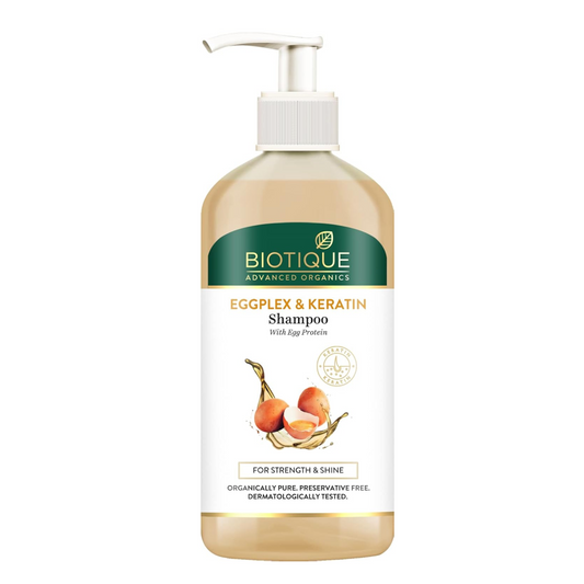 Biotique Eggplex & Keratin Shampoo bottle on a white background