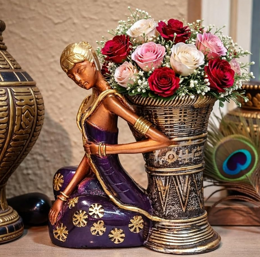 Modern Girl Figurine Flower Vase with Basket, Polyresin Decorative Showpiece, Multicolor, 28 cm, Home Decor Centerpiece