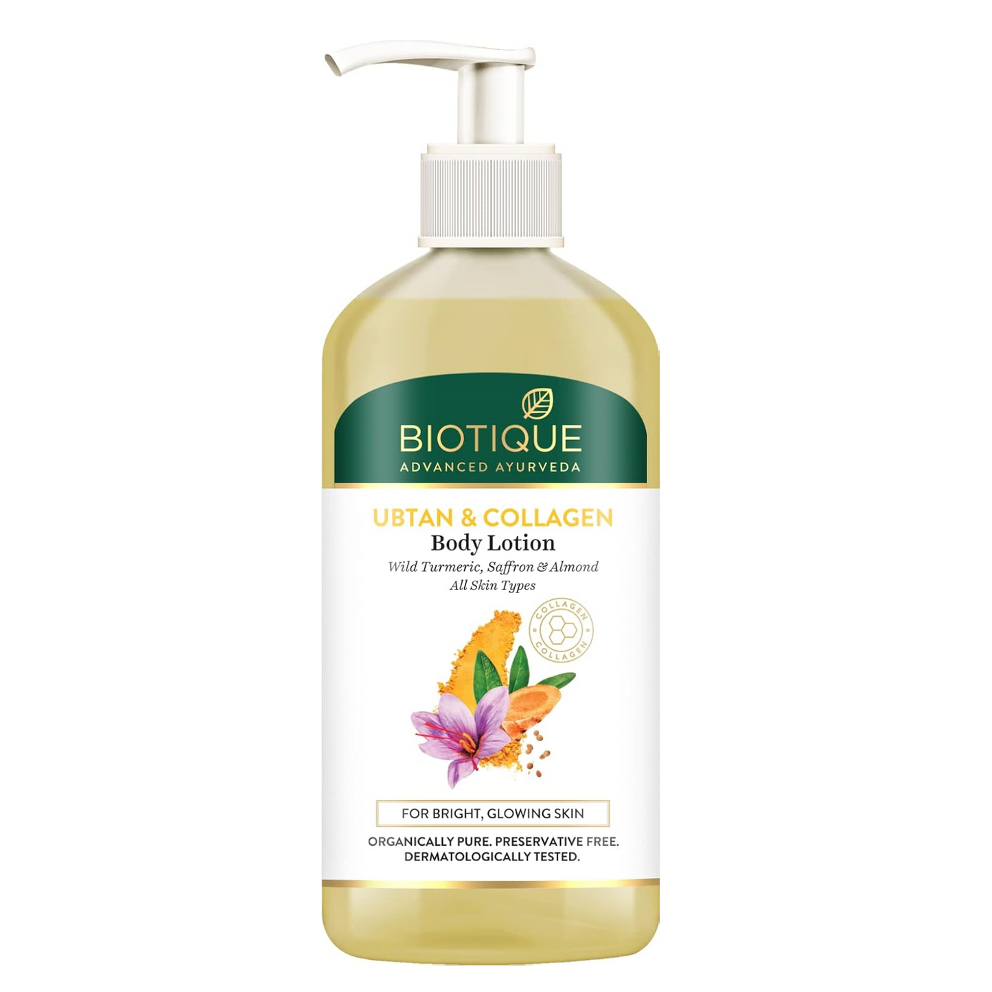 Biotique Ubtan & Collagen Body Lotion bottle on a white background