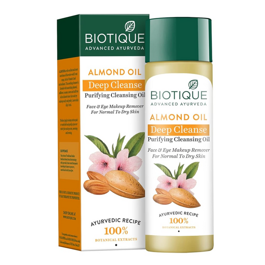Biotique Almond Oil Deep Cleanse Purifying Cleansing Oil packaging on a white background