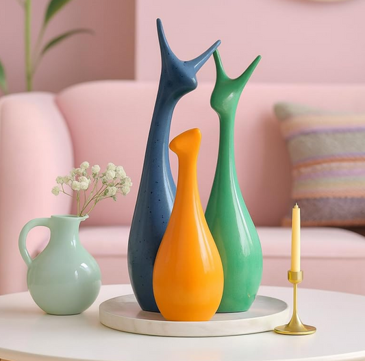 Beautiful Home Decor Lucky Deer Statue Family Ceramic Statues - (Set of 3, Yellow Green & Blue)