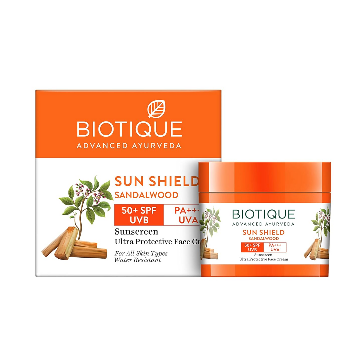 Biotique Sun Shield Sandalwood sunscreen packaging on a white background