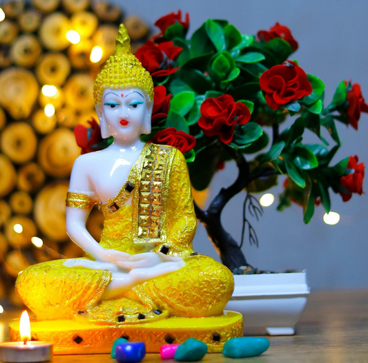 Gautam Buddha Statue for Spiritual Home Gautam Buddha Statue for Spiritual Home Handicrafts Sitting Buddha Idol Statue Showpiece with Artificial Plant (Golden Buddha & Japanese Red Rose)