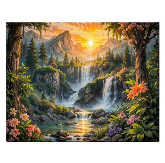 Canvas Step Waterfall Painting Vastu, Water Stream, Mountain Painting Vastu Water Fall, Rising Sun Wall Decor, North Wall Painting Vastu, Multicolor, Nature, 58.0 X 45.0 cm, Set of 1