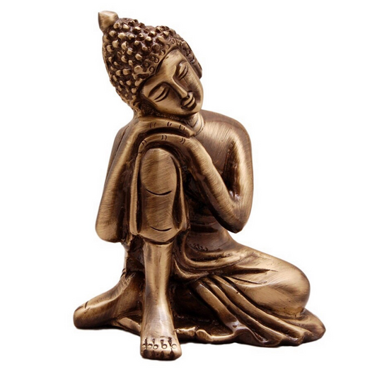 Resting Buddha on Knee Metal Showpiece (7.5 cm x 5.38 cm x 9.38 cm, Brown, AGB506)