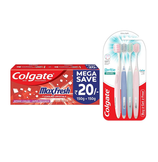 Colgate Gentle Enamel Ultra Soft Bristles Manual Toothbrush For Adults, 4 Pcs & Maxfresh Anticavity Toothpaste Gel, Spicy Fresh - 300Gm (Saver Pack), Assorted