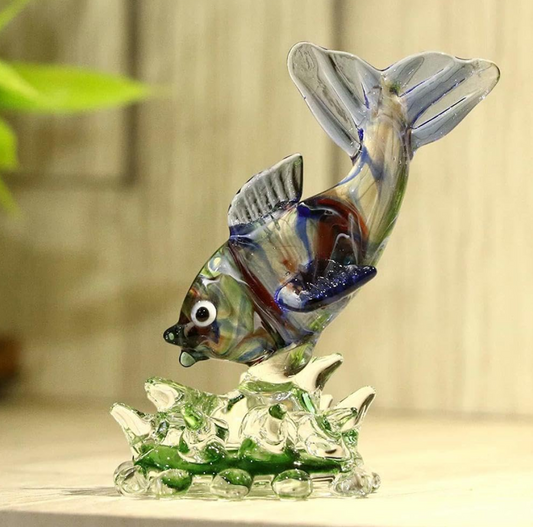 Enjoying Fish Crystal Glass Decorative Showpiece Handcrafted Gift Figurine Home Décor for Table, Shelf & Gifting Multi-Color,Pack of 1