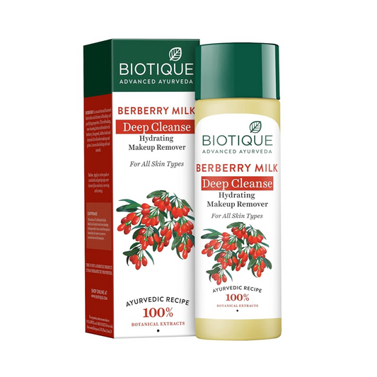 Biotique Berberry Milk Deep Cleanse Hydrating Makeup Remover with packaging on a white background