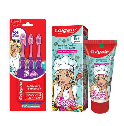 Colgate Kids Barbie Toothbrush, Extra Soft with Tongue Cleaner (Pack of 3) & Colgate Kid's Barbie 80g Anticavity Toothpaste -Strawberry Flavour for Cavity Protection, Enamel Protection COMBO