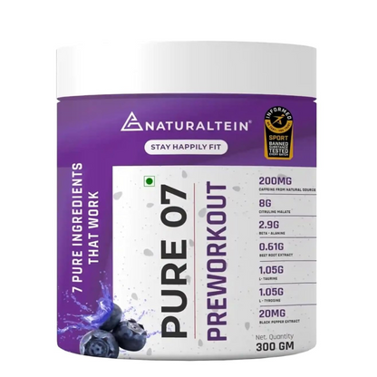 Naturaltein Pure 07 preworkout supplement container on a white background