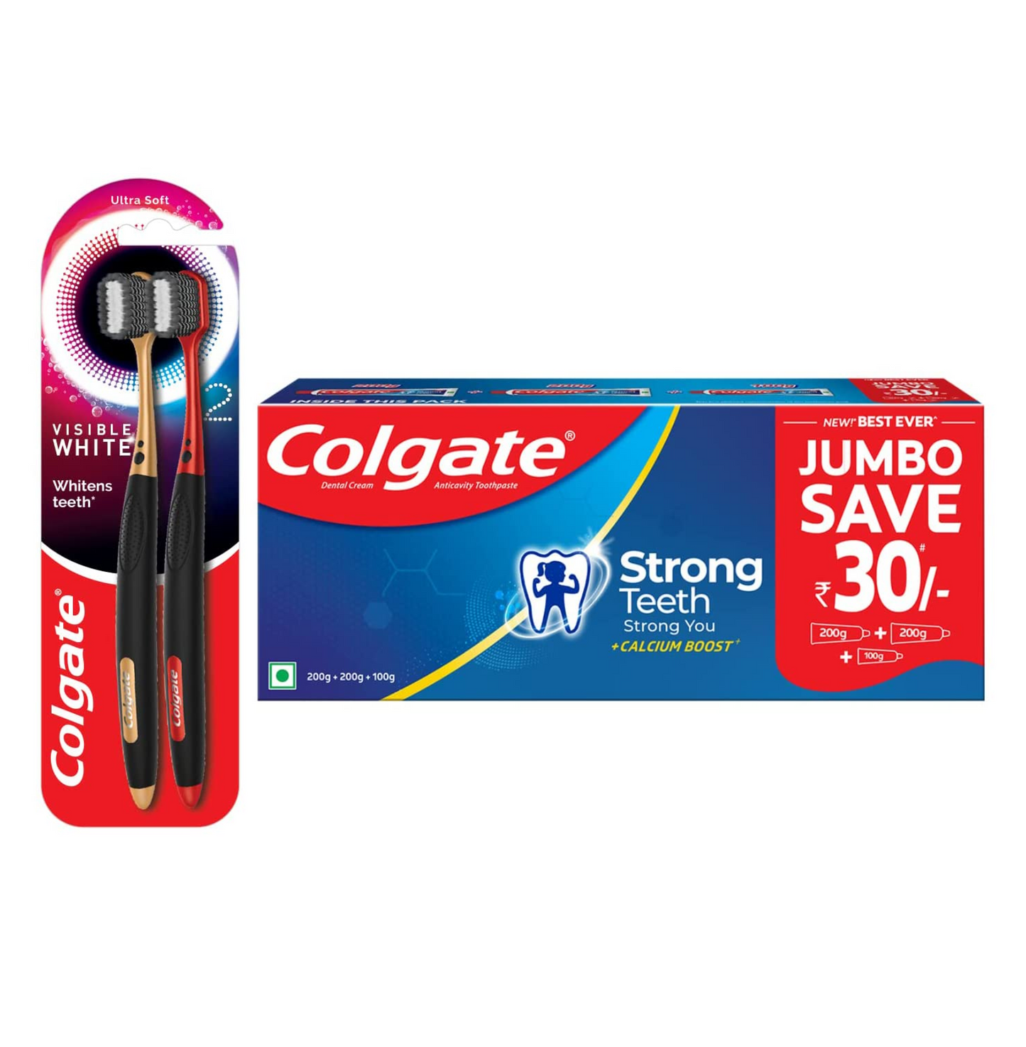 Colgate Strong Teeth Cavity Protection Toothpaste, Colgate Toothpaste with Calcium Boost, 500gm Saver Pack, India's No.1 Toothpaste & Colgate Visible White O2 Toothbrush - 2pcs