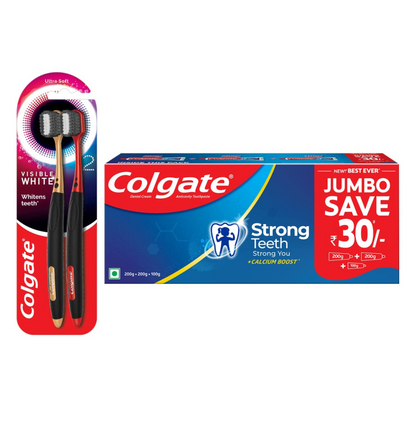 Colgate Strong Teeth Cavity Protection Toothpaste, Colgate Toothpaste with Calcium Boost, 500gm Saver Pack, India's No.1 Toothpaste & Colgate Visible White O2 Toothbrush - 2pcs