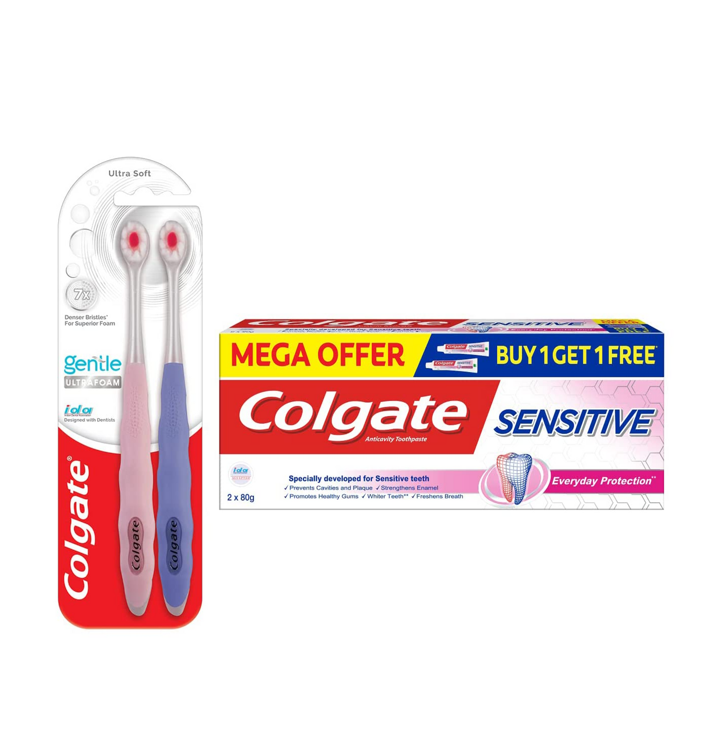 Colgate Gentle Ultrafoam Ultra Soft Bristles Manual Toothbrush For Adults, 2 Pcs, Multicolor & Sensitive Everyday Protection Toothpaste, Twin Pack Of 160G (80G X 2)