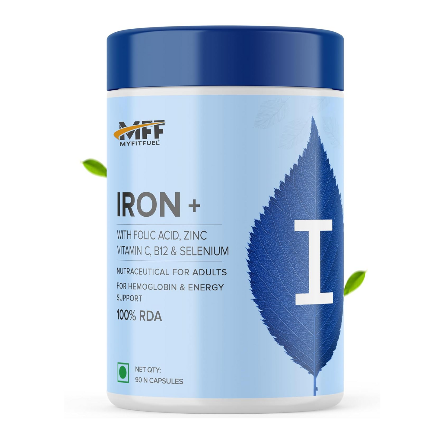 MyFitFuel Iron (3 Months) + Folic Acid, Zinc, Vitamin C & B12 Supplement For Hemoglobin, Immunity & Energy, (90 Capsules)