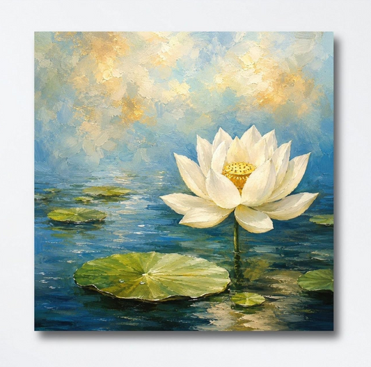 Lotus Flower Painting for Wall Vastu (15+ DESIGNS) Framed Lotus Canvas Painting for Living Room, Bedroom | Nature Floral Wall Art with Multiple Design Variations (White Single Lotus, 18x18 Inch, Framed)