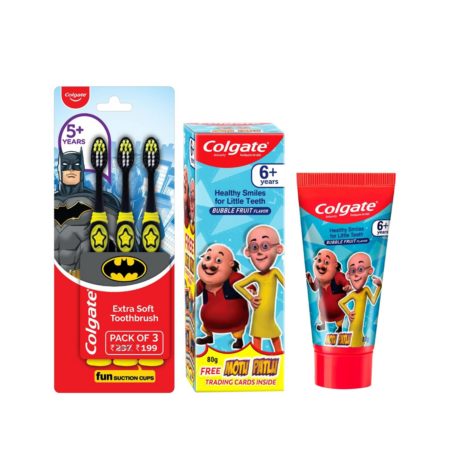Colgate Kids Batman Manual Toothbrush (Pack of 3,Multicolor) & Colgate Kid's Motu Patlu Anticavity Bubble Fruit Flavour Toothpaste- 80g COMBO