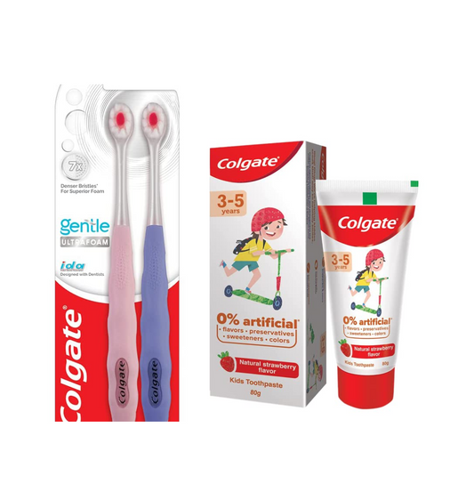 Colgate Gentle Ultrafoam Ultra Soft Manual Bristles, 2 Pcs, Multicolor & Colgate Toothpaste For Kids (3-5 Years), Natural Strawberry Flavour-80 Gr Tube
