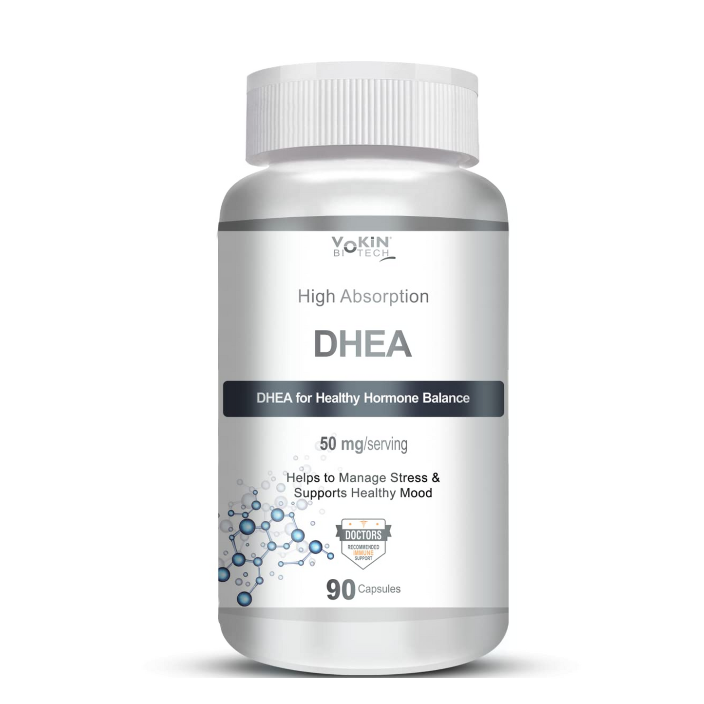 Bottle of DHEA supplement with label on a white background