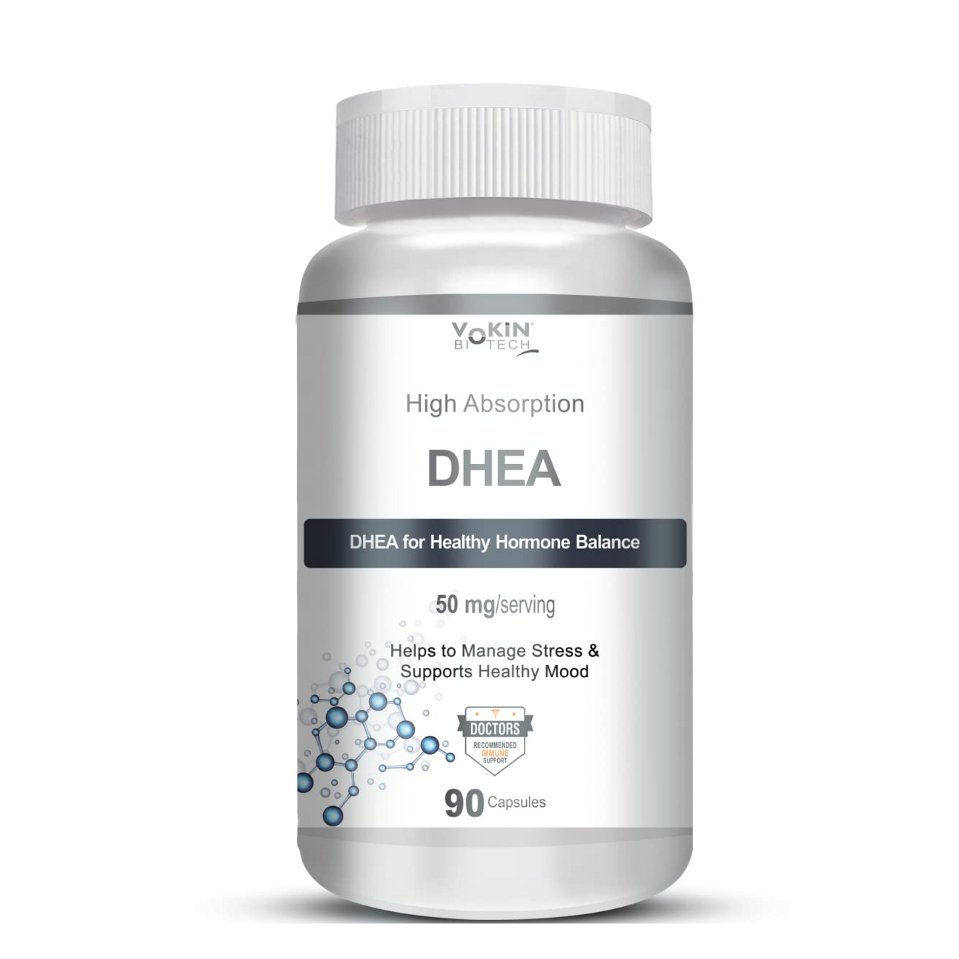 Bottle of DHEA supplement with label on a white background