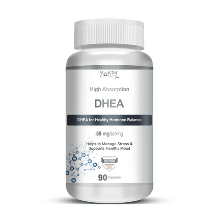 Bottle of DHEA supplement with label on a white background