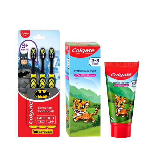 Colgate Kids Batman Manual Toothbrush (Pack of 3,Multicolor) & Colgate Kids Anticavity Toothpaste for 2-5 Years - 80gm (Strawberry flavour) COMBO