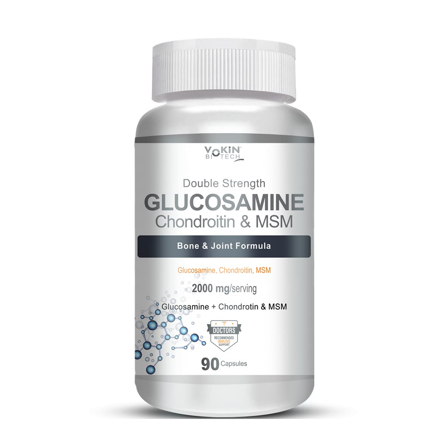 Bottle of glucosamine chondroitin MSM supplement on a white background