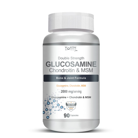 Bottle of glucosamine chondroitin MSM supplement on a white background