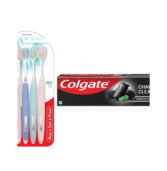 Colgate Gentle Enamel Ultra Soft Bristles Manual Toothbrush for adults, 4 Pcs & Colgate Charcoal Clean Black Gel Toothpaste, Pack of 120g Deep Clean Colgate Toothpaste