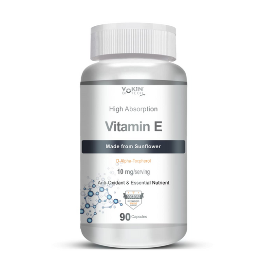 Vitamin E supplement bottle with white label on a white background