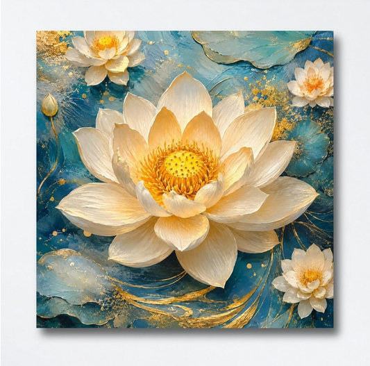 Lotus Flower Painting for Wall Vastu (15+ DESIGNS) Framed Lotus Canvas Painting for Living Room, Bedroom | Nature Floral Wall Art with Multiple Design Variations (Cream Lotus, 18x18 Inch, Framed)