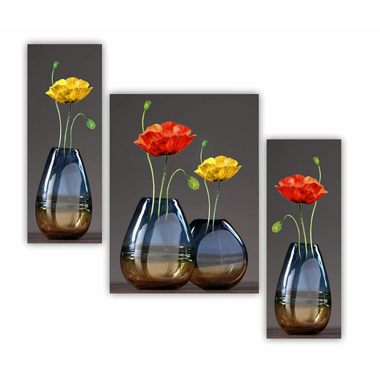 paintings 3 Panel MDF Wall Painting – Red & Yellow Flower Vase Design | Decorative Modern Art for Living Room, Bedroom, Hallway & Office | Set of 3 Vertical Wall Panels paintings