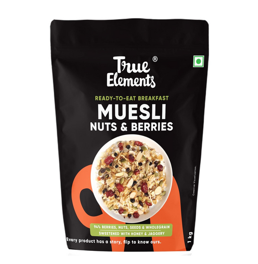 True Elements Crunchy Nuts & Berries Muesli 1kg - With 13g Clean Protein | Almonds, Seeds & Real Cranberries | With Jowar Millets | Crunchy Wholegrain Muesli | No Added Refined Sugar