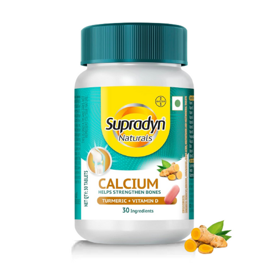 Zephivo Supradyn Naturals Calcium for Men and Women (30 tablets)|Multivitamin with Vitamin D, Magnesium, Zinc, Vitamin B 12 & Turmeric|For Bone health and Joint support|Veg
