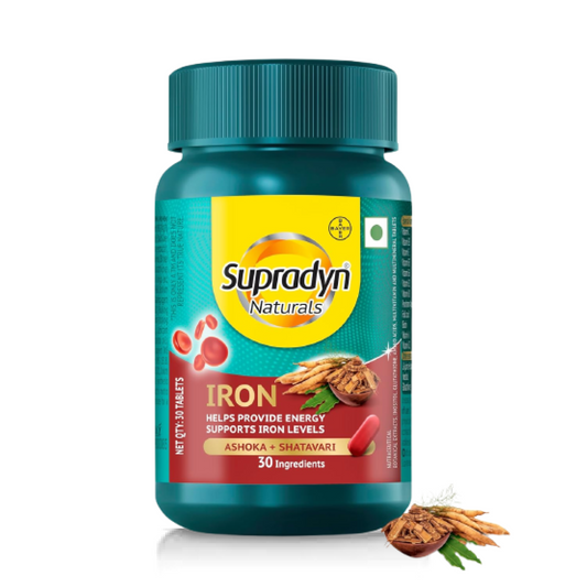 Zephivo Supradyn Naturals Iron (30 tablets) with 3X Iron, Ashoka, Shatavari, Zinc, Vitamin C, Folic Acid, 30 vital nutrients, Supports Blood Health & Provides Energy, Veg