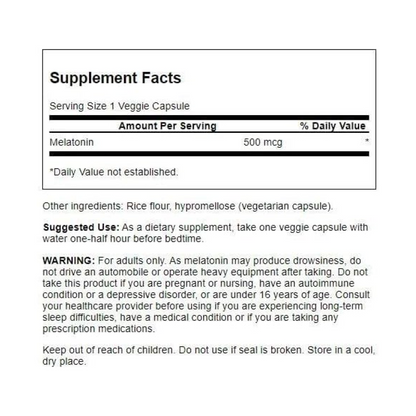 Swanson, Melatonin, Extra Low Dose , 500 mcg, 60 Vegan Capsules