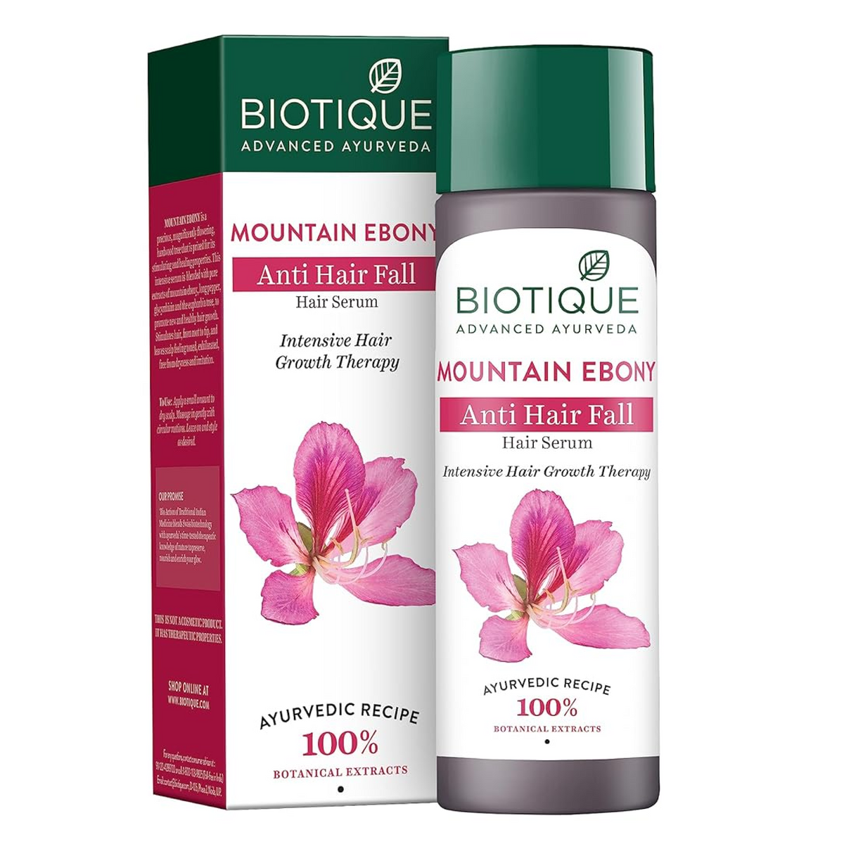 Biotique Mountain Ebony Anti Hair Fall Hair Serum with packaging on a white background