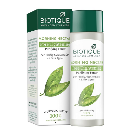 Biotique Morning Nectar Pore Tightening Purifying Toner with packaging on a white background